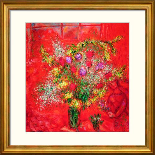 Marc Chagall: Bild "Fleurs sur fond rouge" (1970), gerahmt