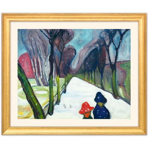 Edvard Munch: Bild "Allee im Schneegestöber" (1906) - aus "Jahreszeiten-Zyklus", Version goldfarben gerahmt